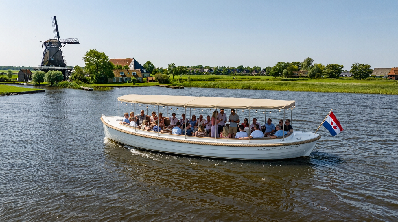 Silhouet van een sloep op de Friese wateren bij zonsondergang