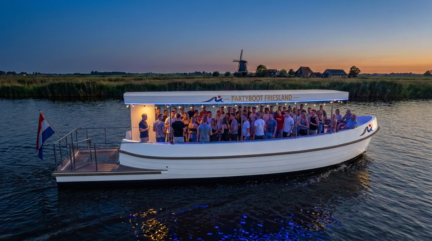 Partyboot Friesland vaart bij zonsondergang, vol met feestende gasten