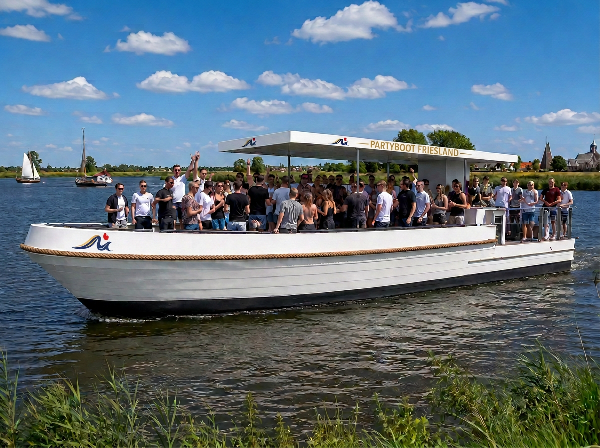 Partyboot Friesland overdag op de Friese wateren met een volle groep staande gasten aan boord